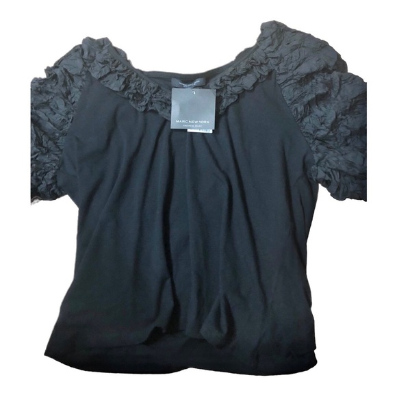 Andrew Marc NY black v-neck‎ ruffle puffy neckline exaggerated sleeve top shirt - Picture 5 of 16